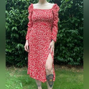 Red dress with white polka dots with slit thigh